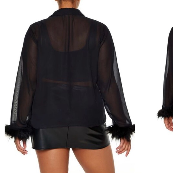 Black Sheer Blouse with Faux Fur Cuffs - Picture 7 of 8